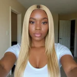Modelo luciendo Belacio Straight Weft Hair Blonde #613 - Transformación completa y resultado final