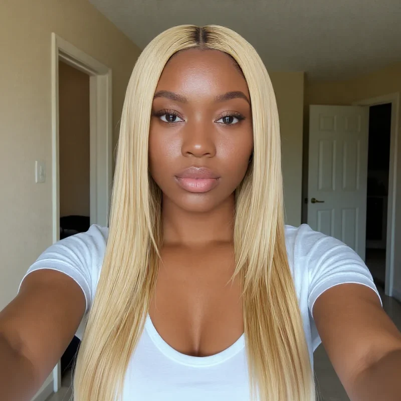Modelo luciendo Belacio Straight Weft Hair Blonde #613 - Transformación completa y resultado final