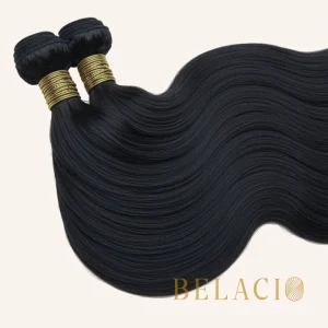 Belacio Straight Weft Hair – Double Drawn Raw 1B - Perfil lateral destacando grosor y volumen natural