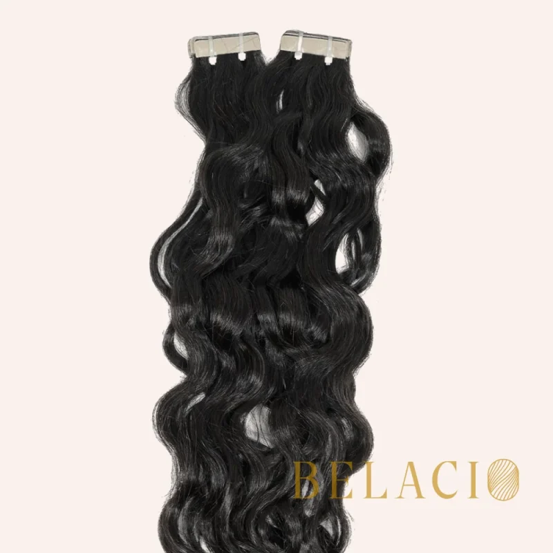 Belacio Wavy Tape-In 1B - Extensiones de cabello humano 100% natural, vista frontal completa