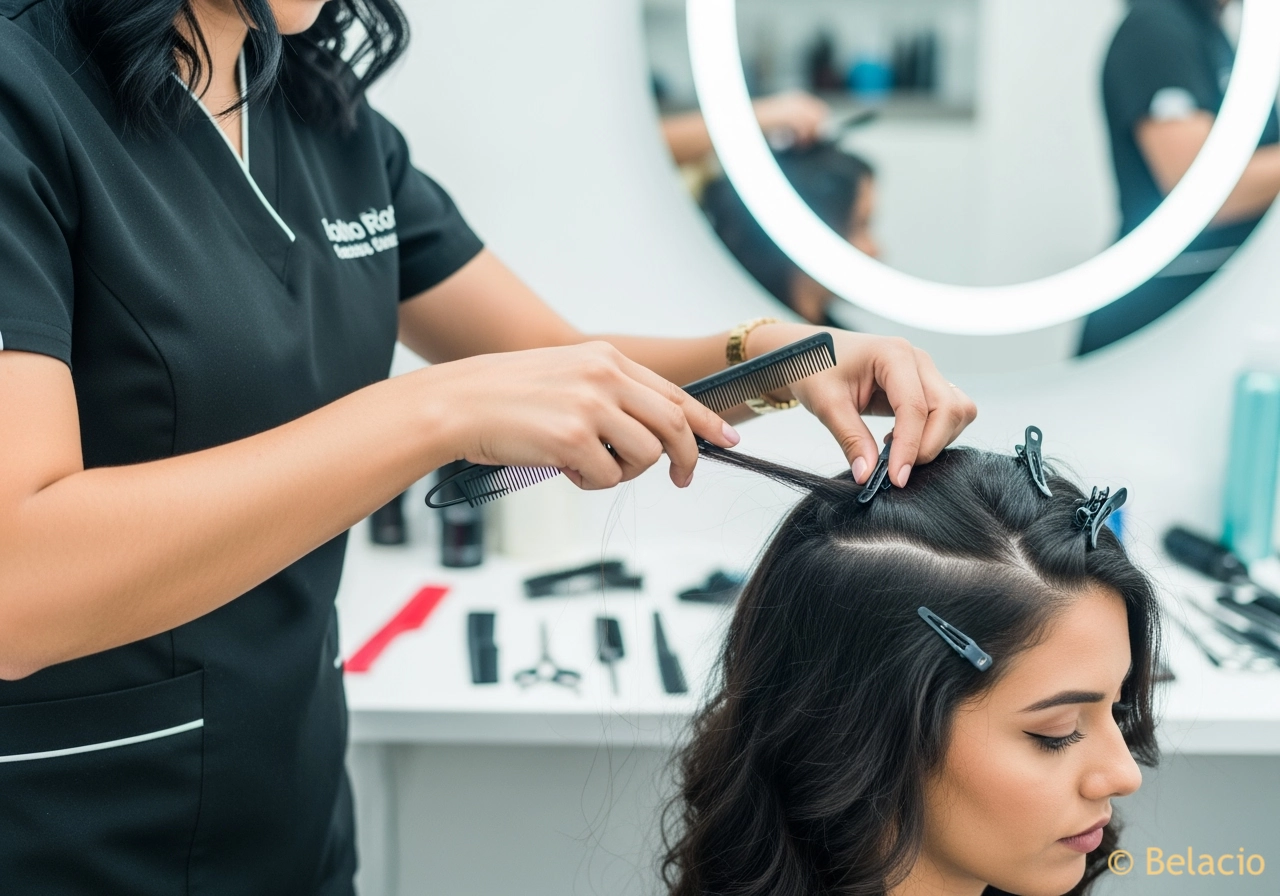 Estilista aplicando extensiones de clip en salón profesional con clienta