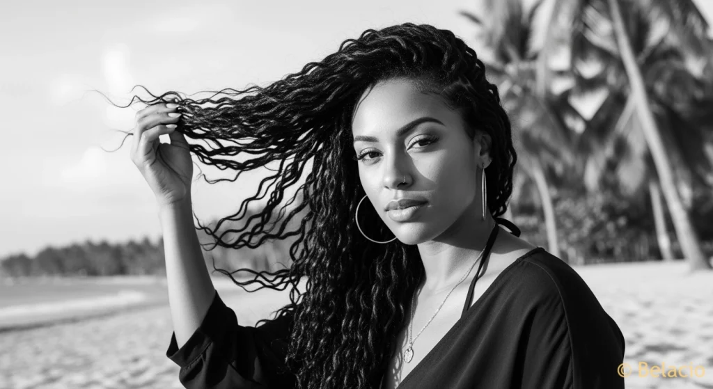 Mujer caribeña con cabello rizado largo extensiones naturales en playa tropical