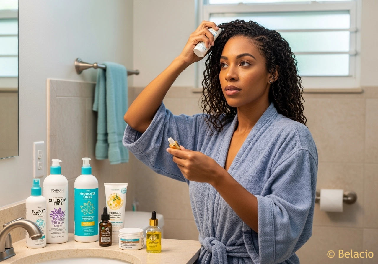 Mujer aplicando productos cuidado cabello rizado extensiones en baño moderno