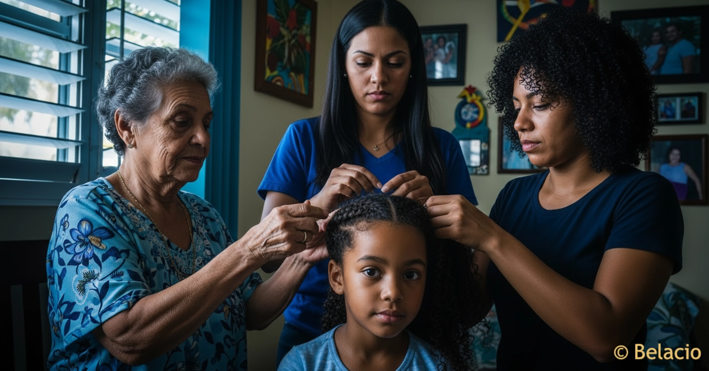Familia puertorriqueña cuidando cabello natural niña preparando para extensiones Belacio