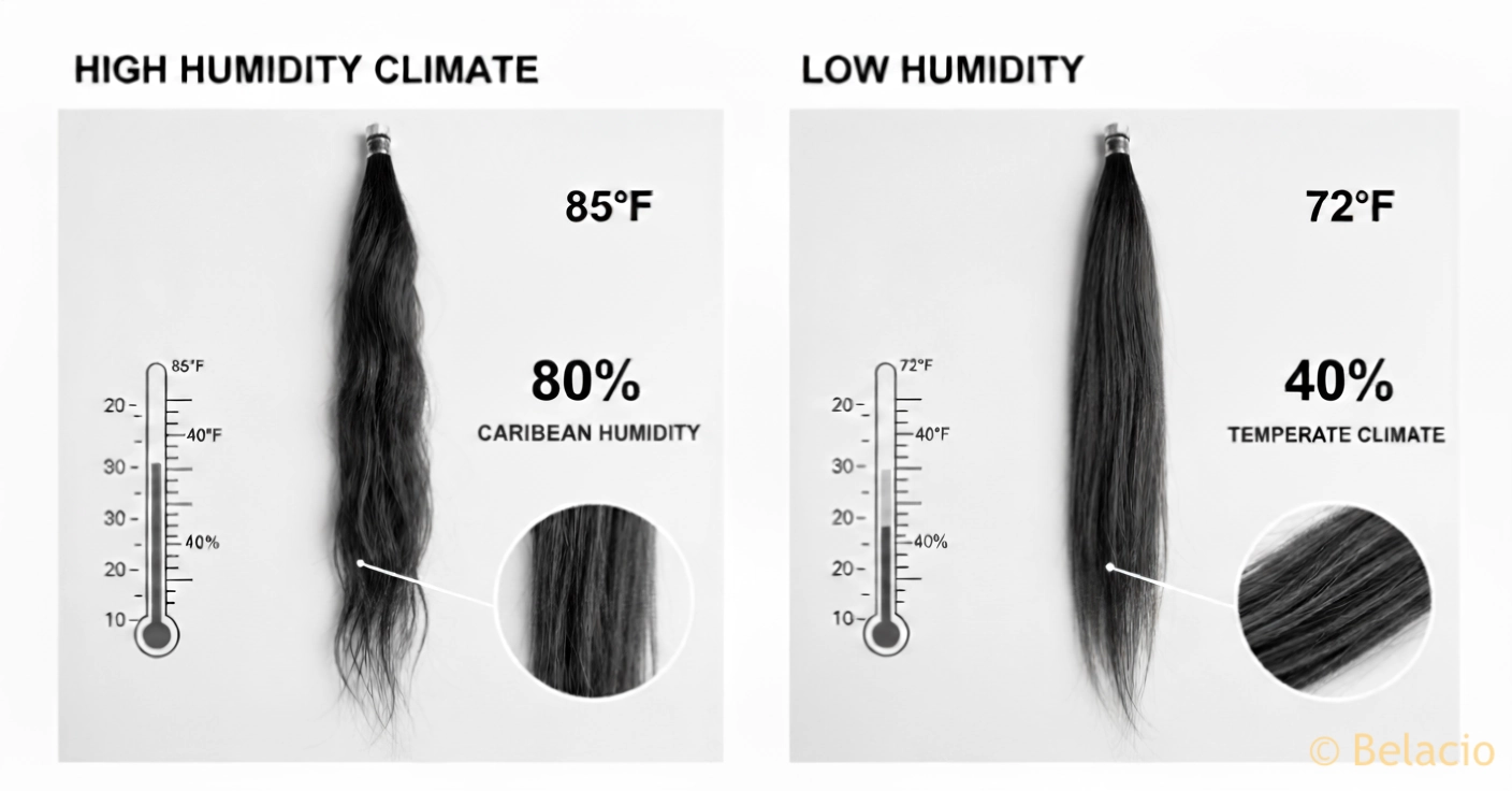 Comparación extensiones cabello humano clima húmedo caribeño vs clima seco infografía