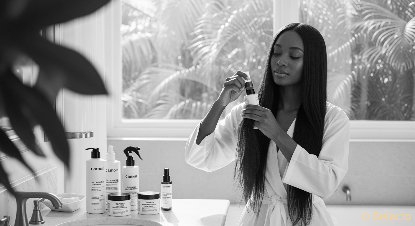 Mujer caribeña aplicando productos cuidado extensiones baño tropical con luz natural matinal