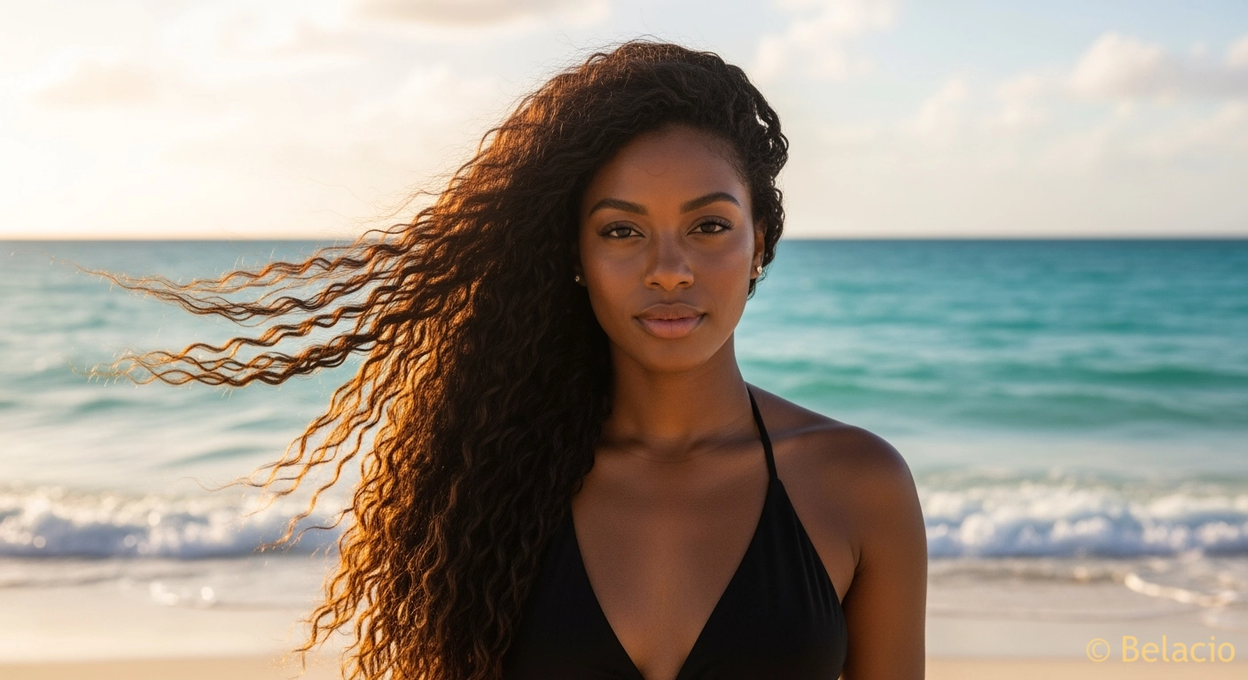Mujer caribeña con extensiones de cabello largo ondulado en playa tropical al atardecer