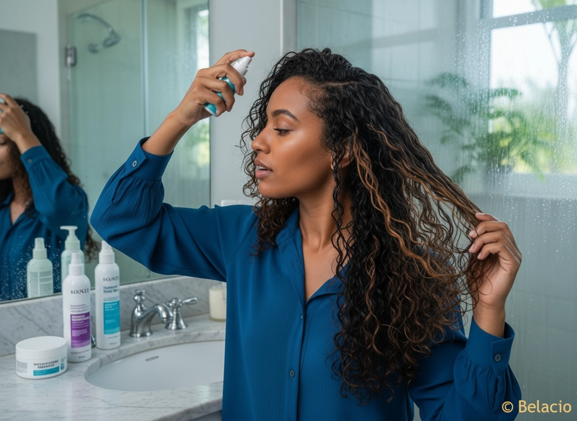 Mujer caribeña aplicando producto anti-humedad extensiones cabello baño tropical condensación espejo