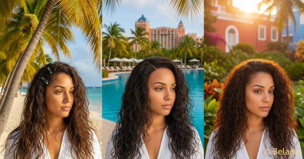 Comparación extensiones clip vs peluca lace front vs tejido cosido clima húmedo tropical Caribbean
