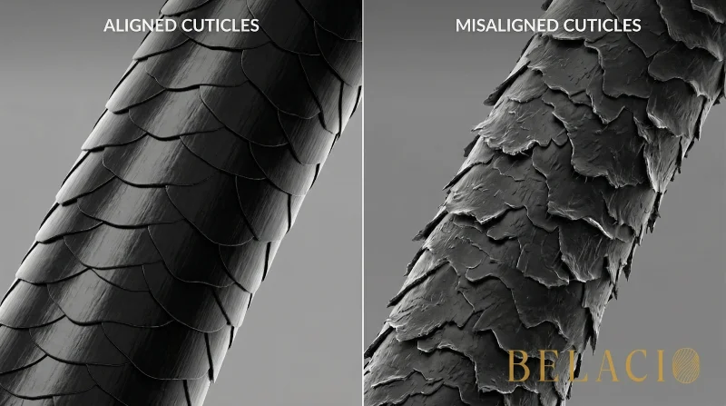 Microscopic view of hair cuticle alignment comparing properly aligned Remy hair to misaligned non-Remy strands