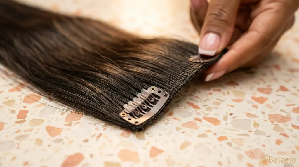Macro close up of clip in hair extension weft showing silicone padded pressure clip and double drawn Vietnamese human hair density