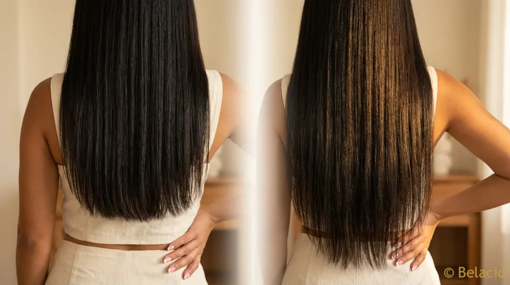 Side by side comparison of 22 inch and 24 inch clip in hair extensions on Caribbean Latina model showing waist versus lower back length difference