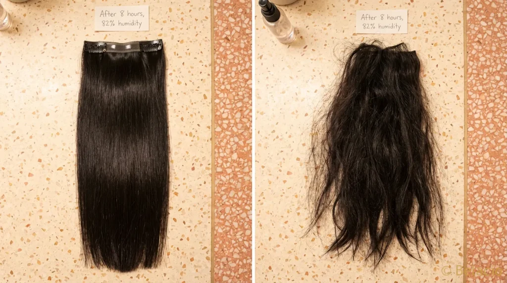 Side by side comparison of cuticle aligned Vietnamese hair versus silicone stripped hair after Caribbean humidity exposure showing frizz resistance difference