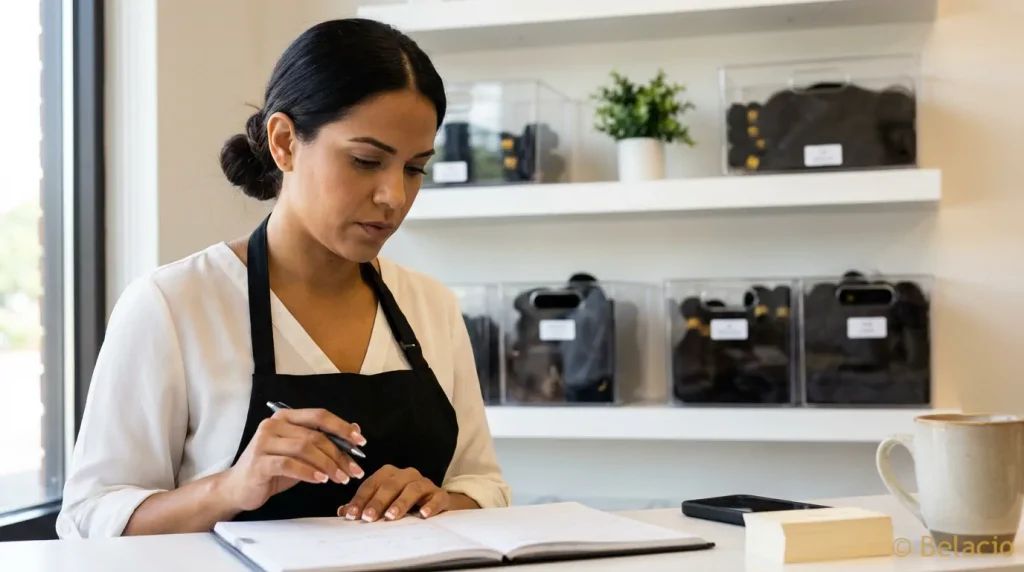 Caribbean Latina salon owner reviewing client maintenance schedule at salon desk with organized hair extension inventory visible on shelves behind her