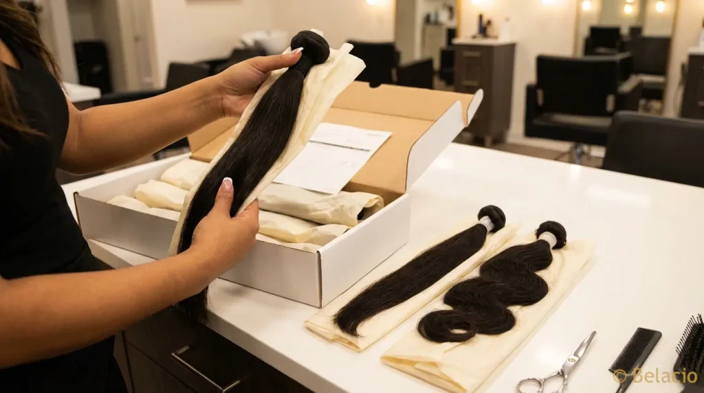 Hands unpacking wholesale human bulk hair extension bundles from shipping box onto clean salon station surface showing fresh inventory arrival