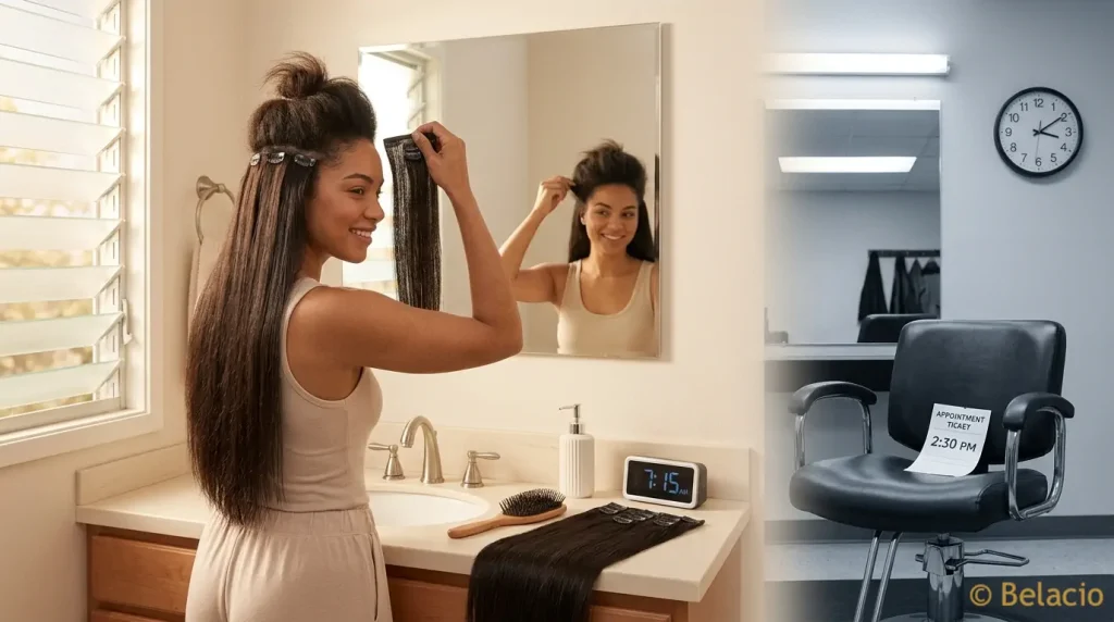 Caribbean woman applying clip-in hair extensions at home mirror compared to salon appointment wait