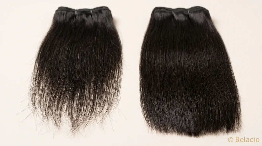 Close-up comparison of single drawn versus double drawn weft hair extension ends showing density difference