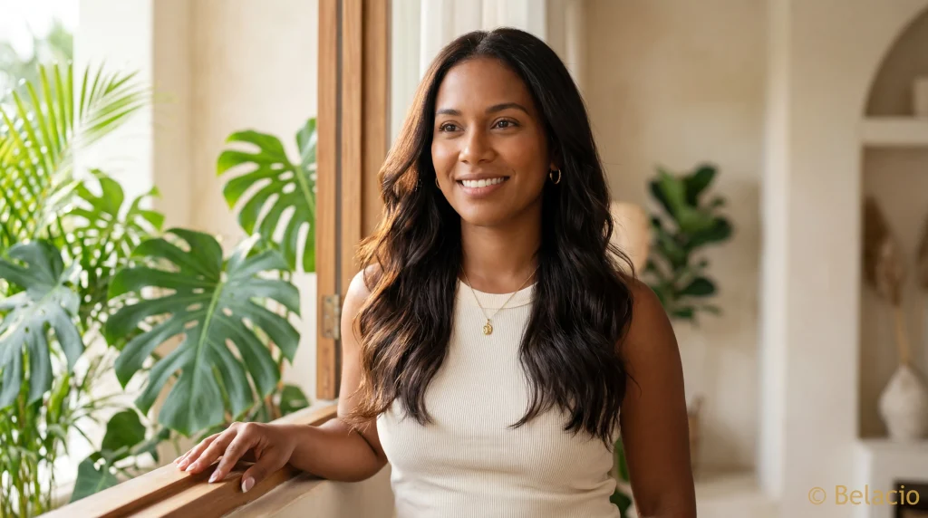 Caribbean woman with fine hair showing natural volume result from lightweight clip-in extensions