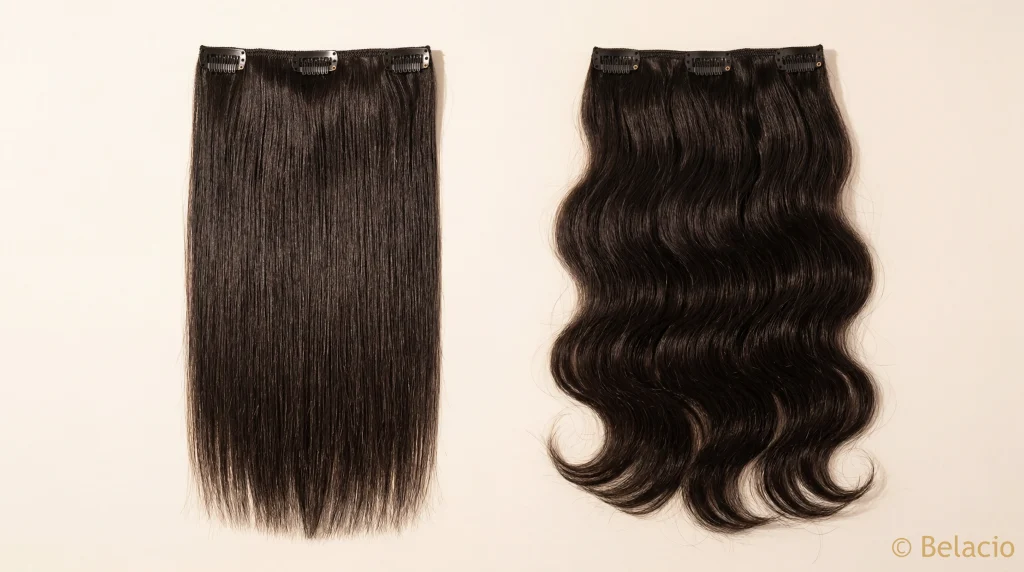 Side-by-side comparison of straight and soft wavy clip-in extension panels showing volume difference