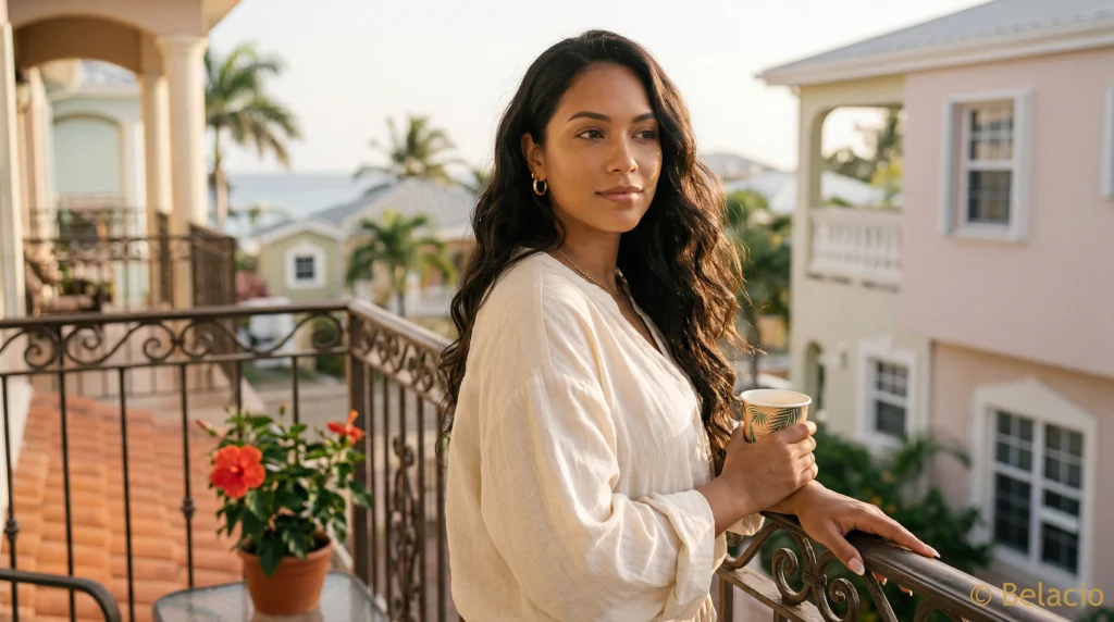 Caribbean woman with tape-in hair extensions in warm morning light on a Puerto Rico balcony