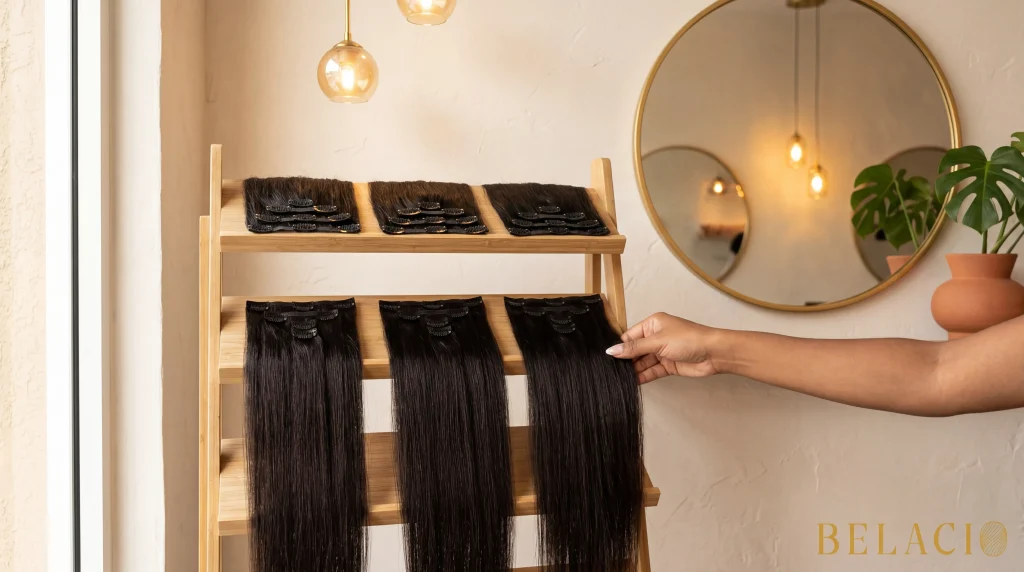 Boutique salon display counter showing organized clip-in hair extension inventory with Caribbean interior styling and warm lighting