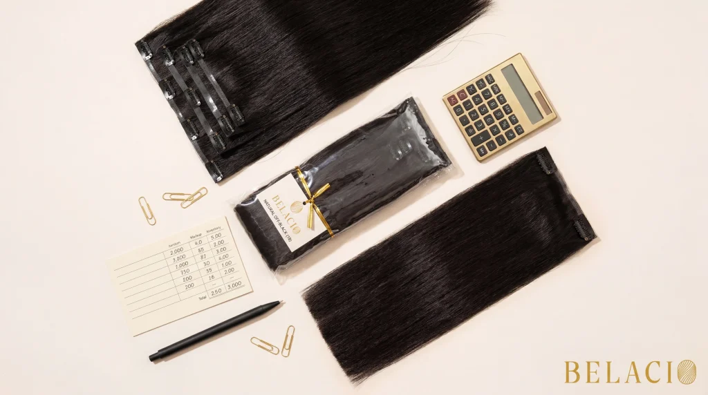 Wholesale clip-in hair extension sets arranged with pricing cards and calculator showing salon markup margins on warm cream surface
