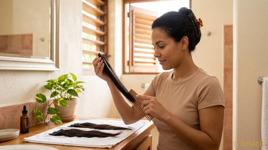Caribbean woman gently detangling clip-in hair extensions with a wide-tooth comb in a tropical-styled bathroom 