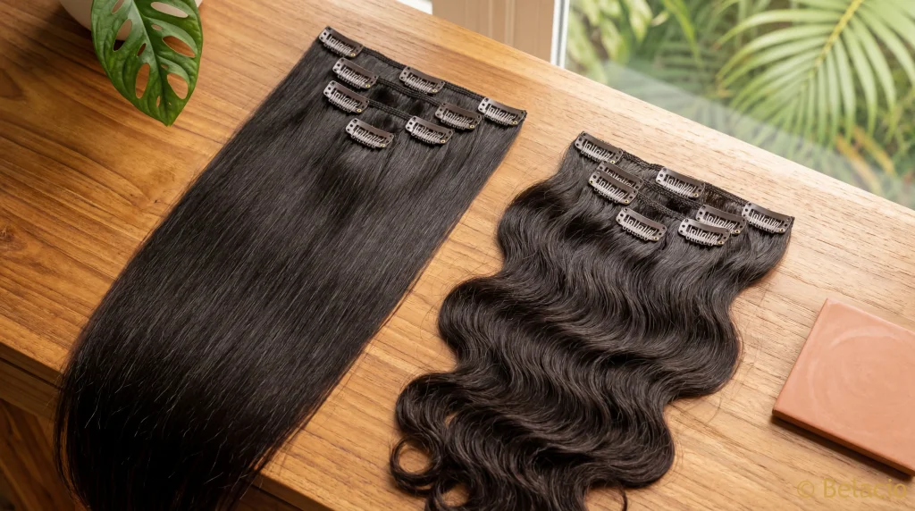 Close-up of straight and wavy clip-in hair extension panels laid out on a warm wooden Caribbean vanity surface
