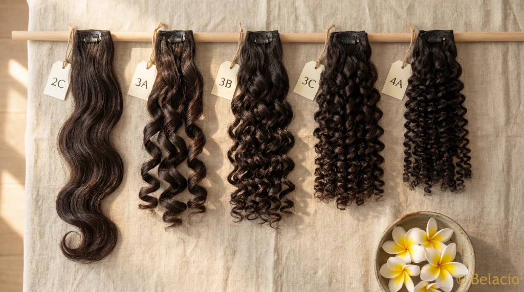 Five curly clip-in extension weft pieces arranged by curl type from 2C wave through 4A coil on linen surface with labels