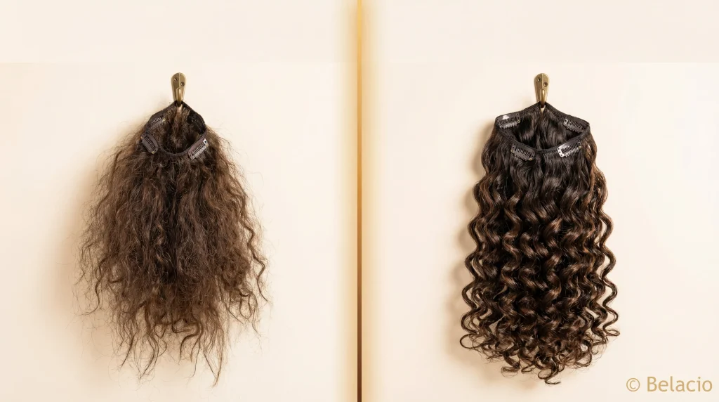 Side-by-side comparison of synthetic vs human hair curly clip-ins after Caribbean humidity exposure showing curl retention difference