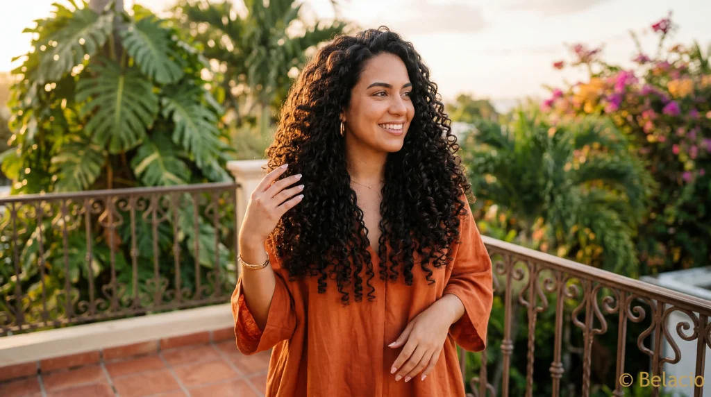 Puerto Rican woman with voluminous Type 3B curly clip-in hair extensions on a Caribbean balcony at golden hour