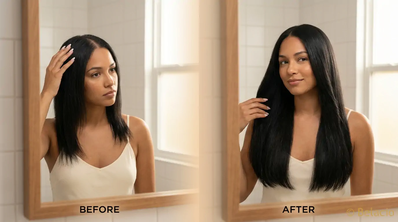Before and after clip-in hair extensions showing volume transformation on Caribbean Latina in warm bathroom mirror light