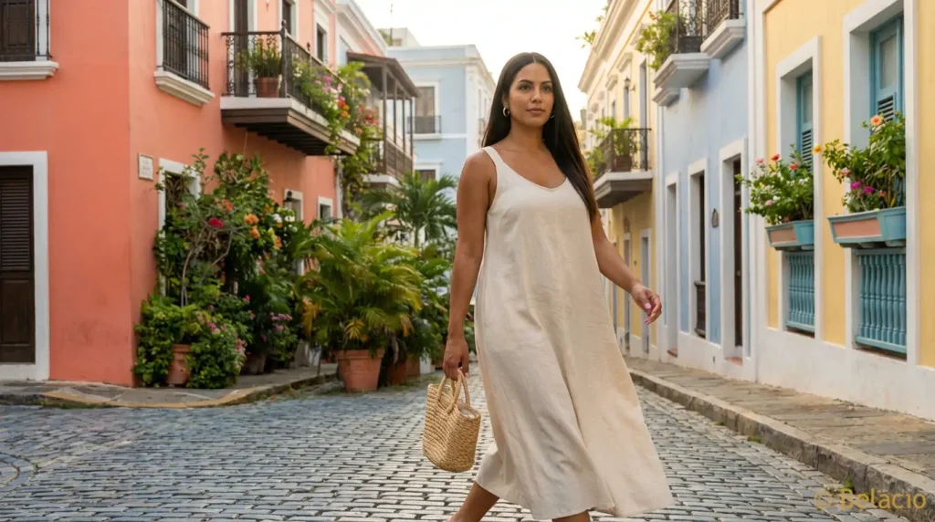 Caribbean Latina with full volume straight clip-in extensions walking Old San Juan cobblestones in visible tropical humidity