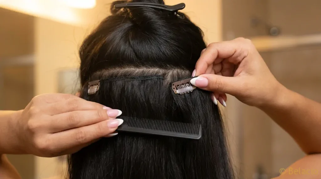 Hands clipping in a hair extension weft piece at the nape showing open silicone-lined clip and sectioned natural hair