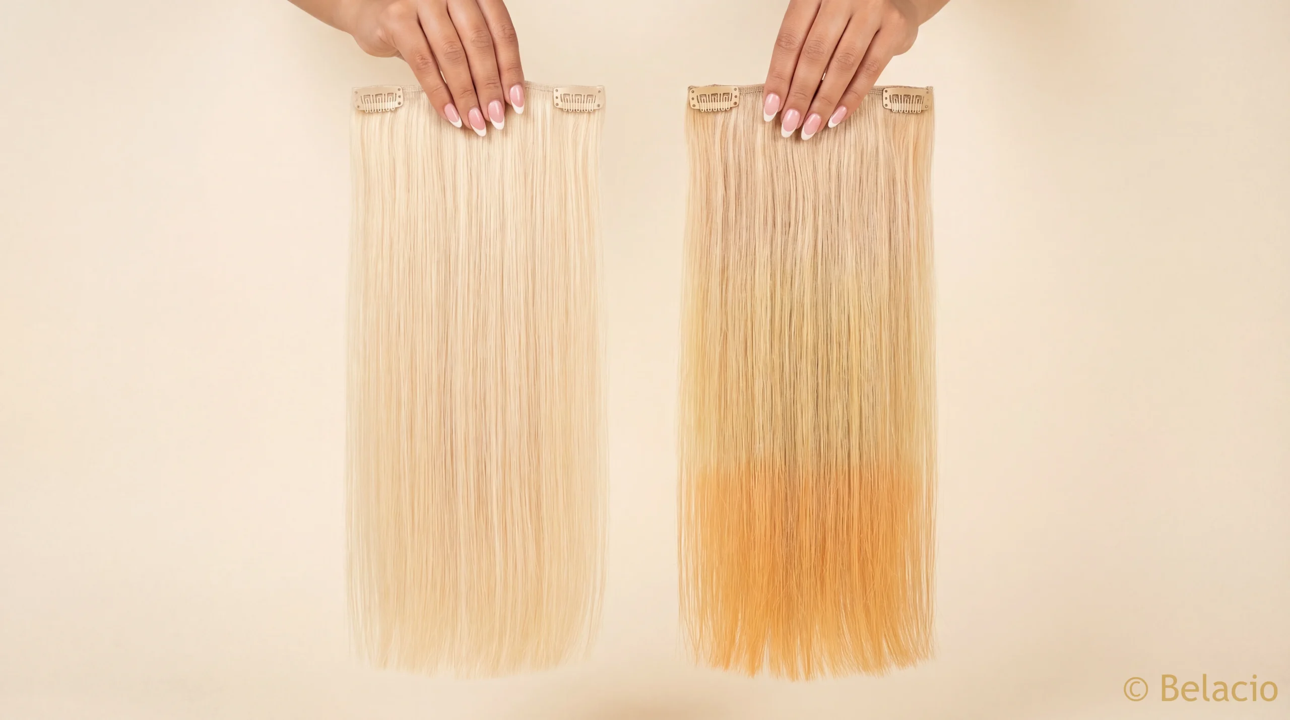 Side-by-side comparison of fresh #613 blonde clip-in extension versus brassy faded blonde extension on warm cream background